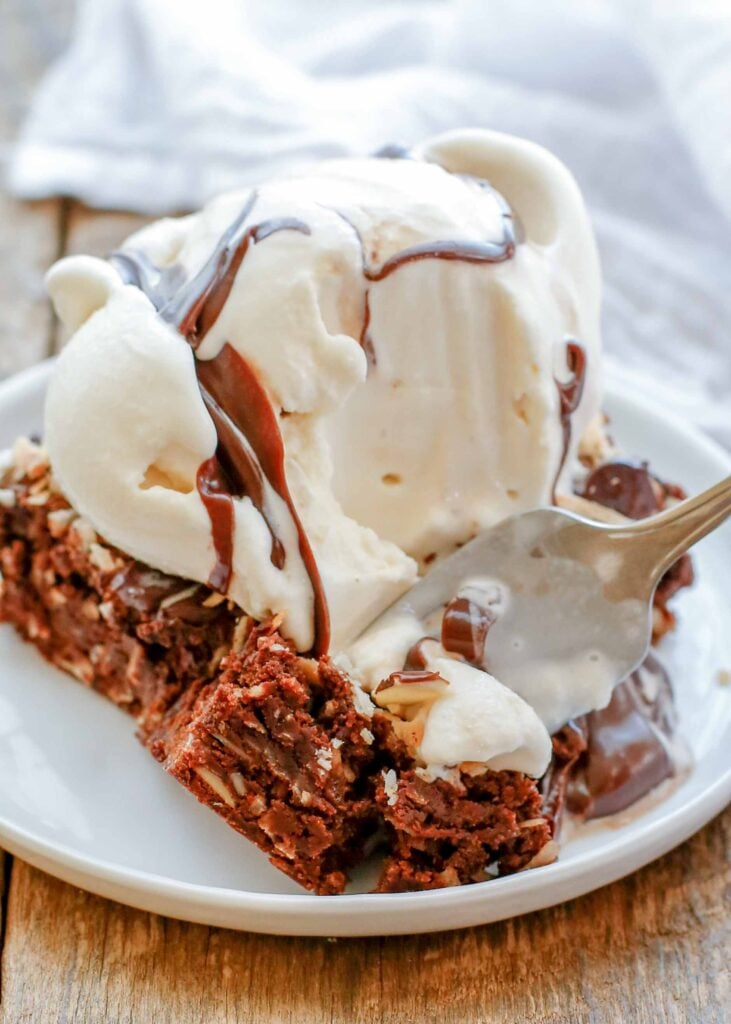 Almond Joy Brownies with ice cream and hot fudge