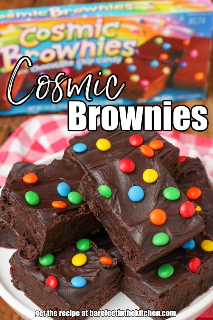 copycat recipe for Little Debbie's Cosmic Brownies stacked on plate next to box of brownies