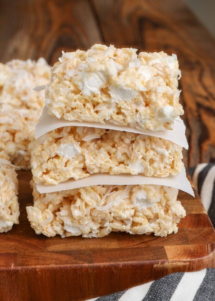 stacked rice krispy treats with parchments