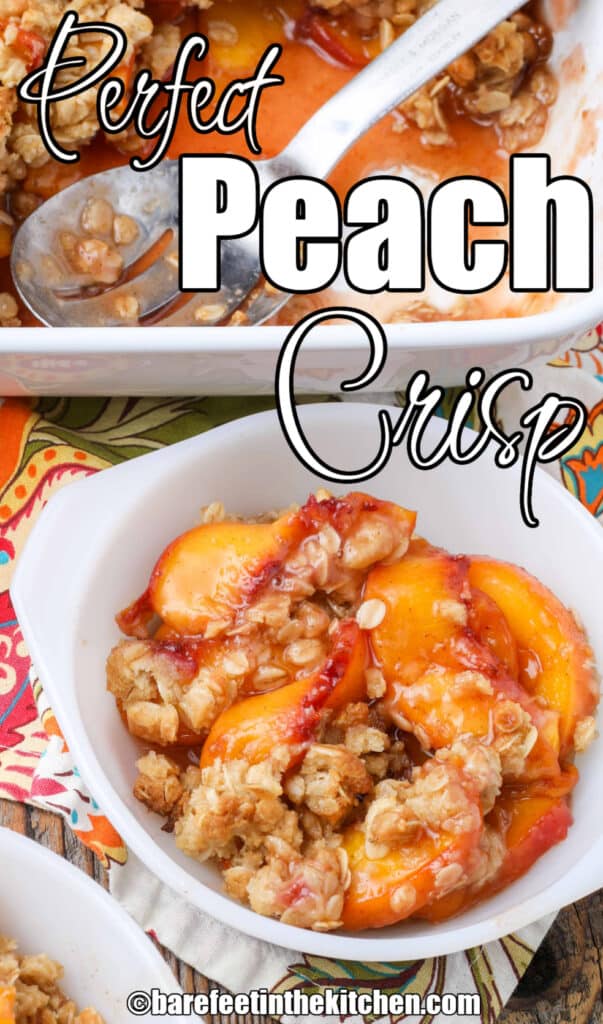 peach crisp in white bowl with baking dish beside it