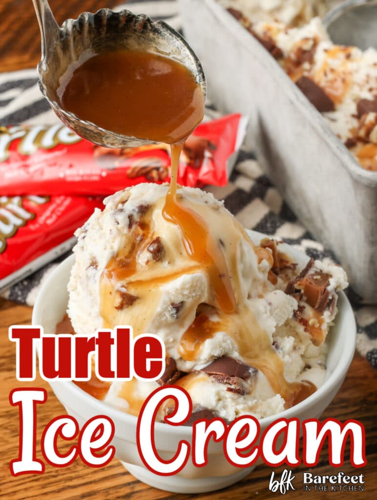 Red and white lettering has been overlaid this image of an irresistible scoop being drizzled with caramel sauce. It reads: "Turtle Ice cream"