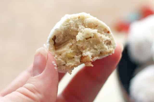 close up of Mexican wedding cookie in hand