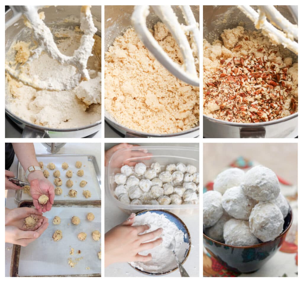 collage of process photos for Mexican wedding cookies