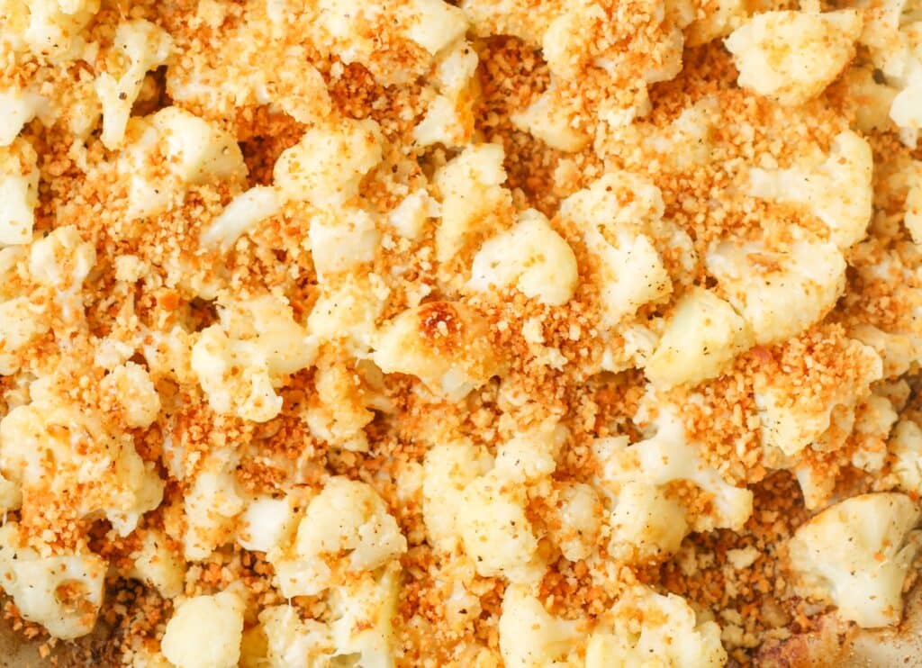 close up of breadcrumb and parmesan topped cauliflower