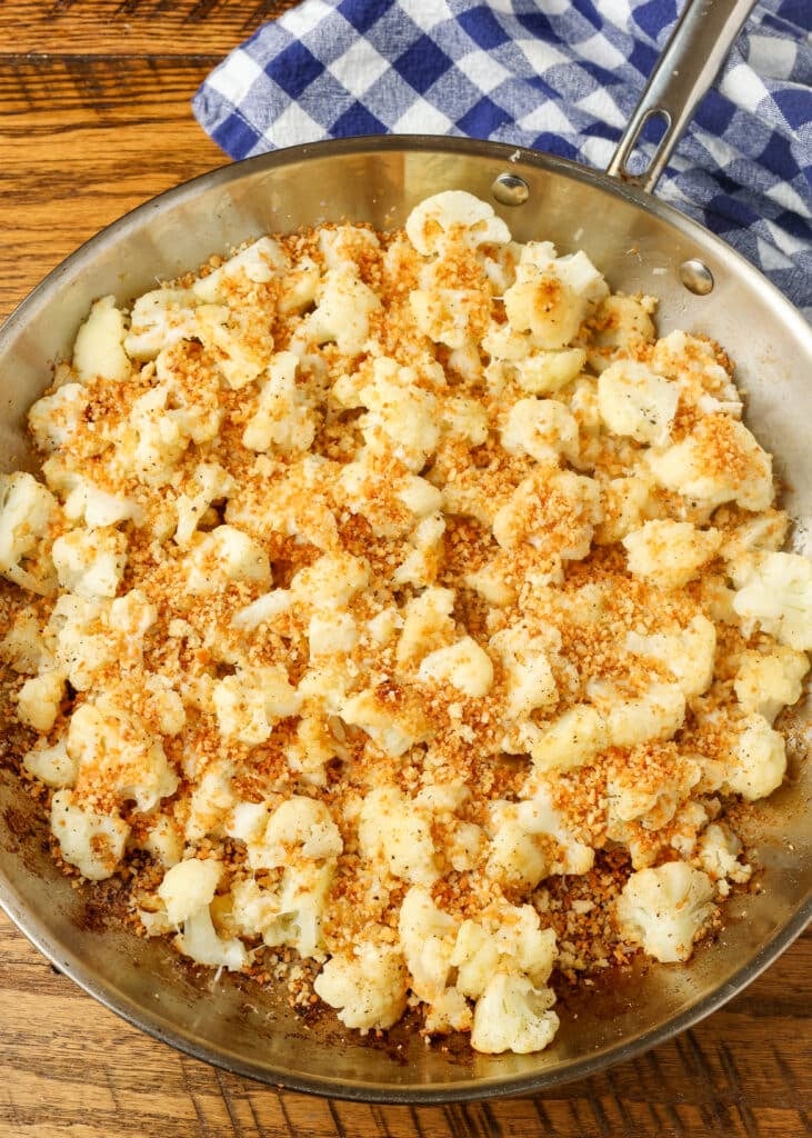 cheesy, crunchy cauliflower in stainless pan