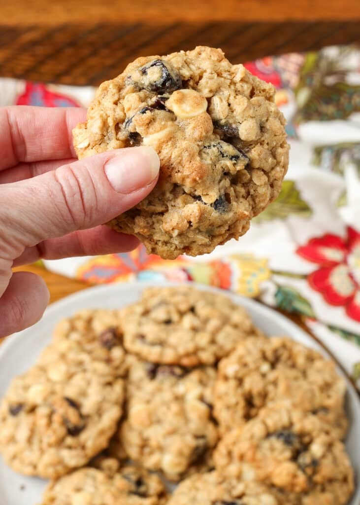 vertical photo of hand holding cookie over plate of cookies