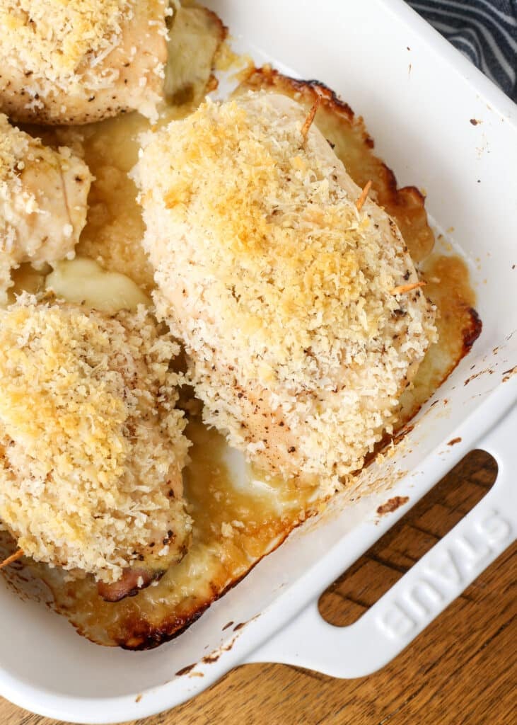 The finished cordon bleu with green chile have come out of the oven, with browned crust and ready to eat!