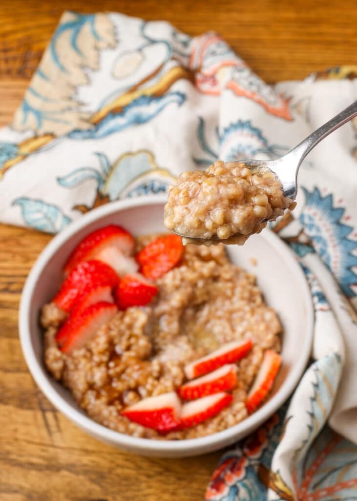 bite of steel cut oats on spoon