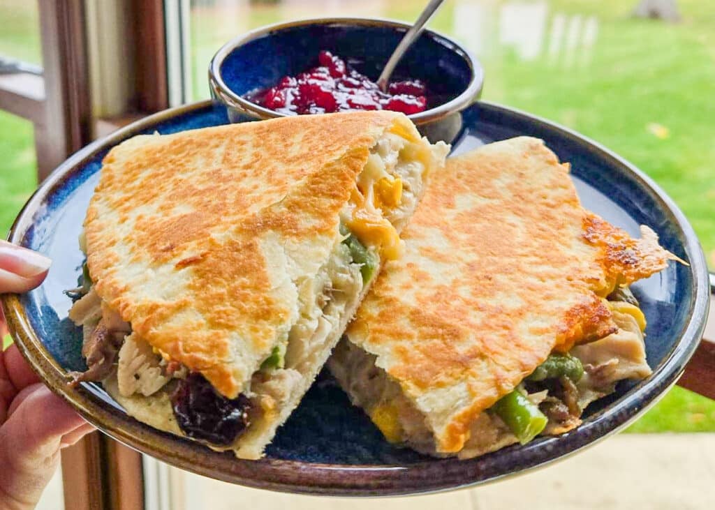 quesadilla filled with Thanksgiving sides and turkey too