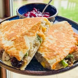 quesadilla filled with Thanksgiving sides and turkey too