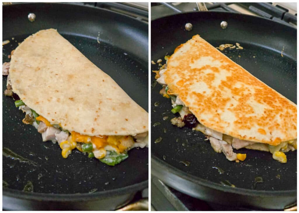 folded quesadilla cooking on stove
