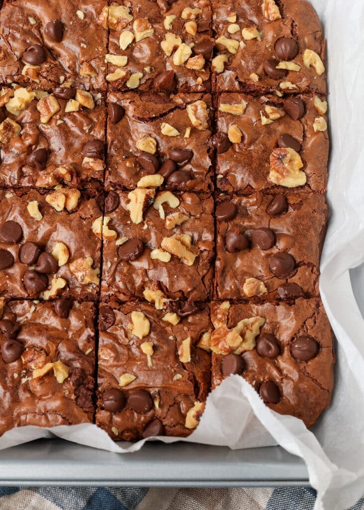 Looking down on the brownies, sliced in the pan with the parchment paper showing at the edges.