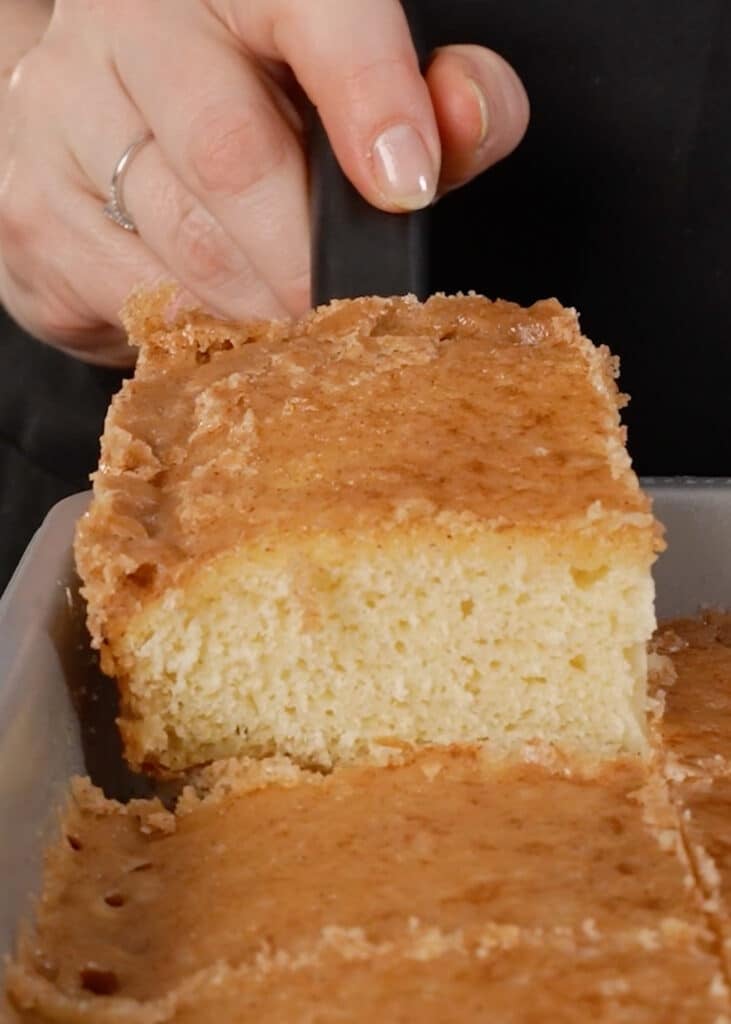 close up of lifting a slice of cake out of the pan