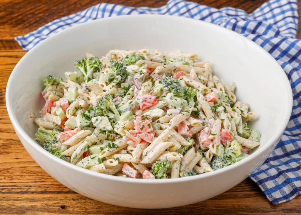 pasta salad with vegetables and ranch dressing