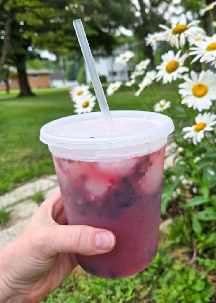 hand holding a deli container drink with an alcohol free cocktail outdoors next to flowers