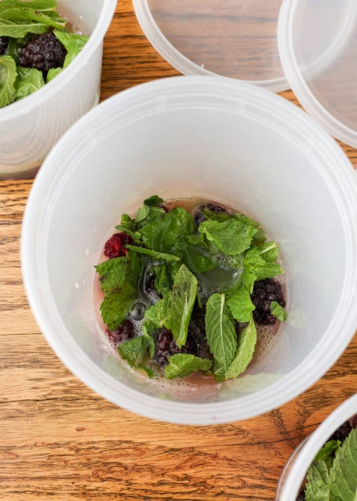 berries and mint in the bottom of a deli container