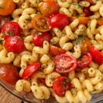 marinated tomatoes and pasta in bowl